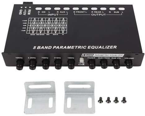 Car Audio Equalizer, 5 Band EQ Tuning Crossover Amplifier Graphic Equalizer, Precise Tuning, CD AUX Input Select Switch, Front and Rear SUB Output, for Motorcycle Car Stereo
