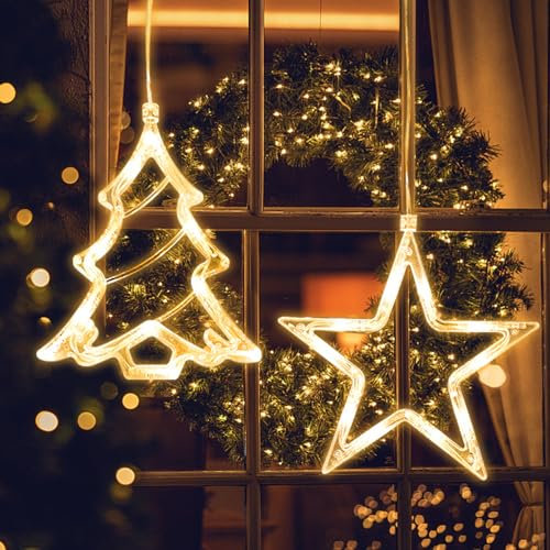 Jsdoin Luci di Natale, Stella e Albero di Natale LED Tenda Luci Natalizie, Batteria, Timer, Luci Stringa di Natale per Decorazioni Natalizie, Finestra, Festa, Matrimonio(Bianco Caldo)