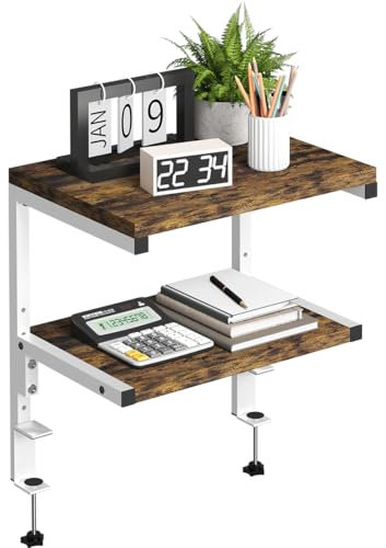 Mondazie Clamp on Desk Organizer Shelf, Heavy-Duty Desk Extender Side Table with 2-Tier Adjustable Storage Shelves for Desktop Accessories, Gaming Devices, White
