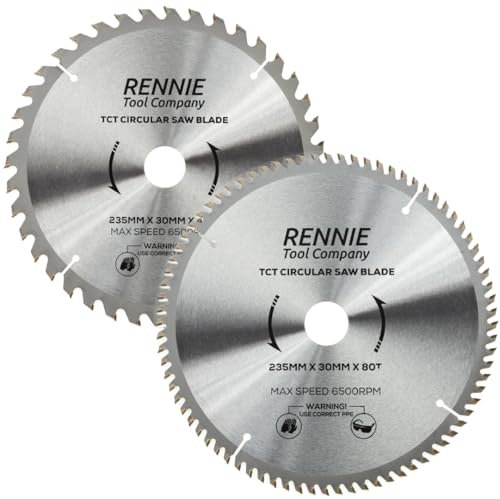 (Pack Of 2) Rennie Tools - 235mm x 30mm x 40T & 80T TCT Circular Wood Saw Blades Includes 25mm 20mm & 16mm Bore Reduction Rings. Compatible with Bosch Makita Dewalt Circular Saw Etc. 235mm Saw Blade
