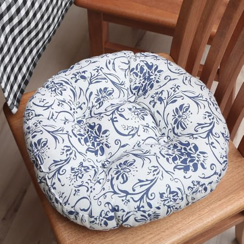 Hixingo Runden Sitzkissen Cozy, 2er Set Weiche Stuhlkissen Waschbar Sitzkissen Stuhl, Blattdruck Bodenkissen für Indoor und Outdoor (Blaues Muster,40x40cm(2er Set))