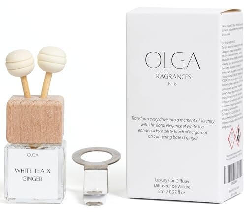 OLGA Car Air Freshener for Women – 8ml White Tea & Ginger Clip-on Diffuser with Wooden Reeds – Spa-Like Car Scent with Natural Essential Oils – Elegant, Long-Lasting & Refillable – Up to 30 Days