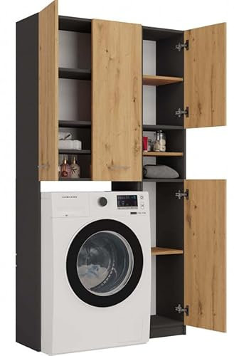 BDW - Ensemble de meubles de salle de bains - étagère et meuble pour lave-linge sans étagère - 180x96x30 cm - Ensemble de salle de bains spacieux, en panneau stratifié solide -Anthracite/Chêne Artisan