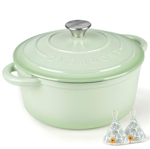 Overmont 26cm/5.2L Enamelled Cast Iron Round Casserole Dish With Lid,5.5QT, Cookbook -Non-stick Dutch Oven for Braising, Stews, Roasting, Bread Baking - Bean green