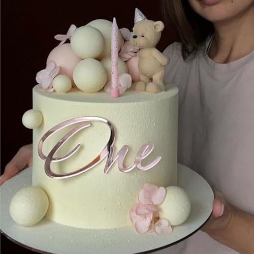 One Cake Topper Acrylic Mirror Baptism Cake Decoration Gold Silver for 1st First Party Birthday Anniversary Wedding DIY Cake Supplies (Rose gold)