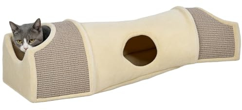 PawHut Tunnel pour Chat avec 2 niches en sisal et Trous de Porte, Jeu pour Chat Moins de 6 kg, adapté à l’intérieur, 107 x 38 x 29 cm, Beige