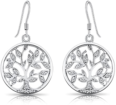 DTPsilver - Orecchini pendenti in argento Sterling con albero della vita con zirconia cubica, Zirconia cubica, Zirconia cubica