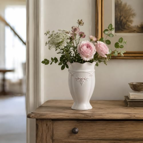 hjn Keramikvasen, Blumenvase für Mittelringe, Moderne Bauernhaus-Dekoration, handgefertigt, weiße Vase für Heimdekoration, Eingang, Kaminsims, Bücherregal, gewellte Textur, Größe S