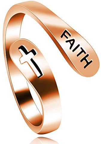 925 Sterling Silber FAITH Kreuz verstellbarer Ring, Roségold plattiert Hohlkreuz Religiöse Ringe für Frauen Y531
