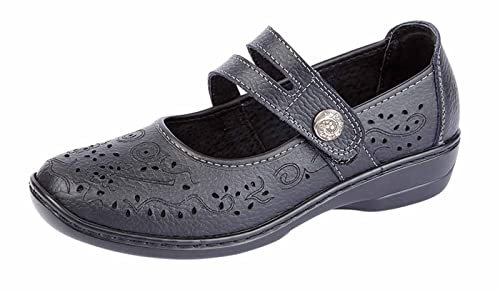Boulevard Womens Ladies Genuine Leather Mary Jane Touch Fastening Slip On Casual Summer Sandals Pumps Shoes UK 4-8 (Black, Numeric_7)