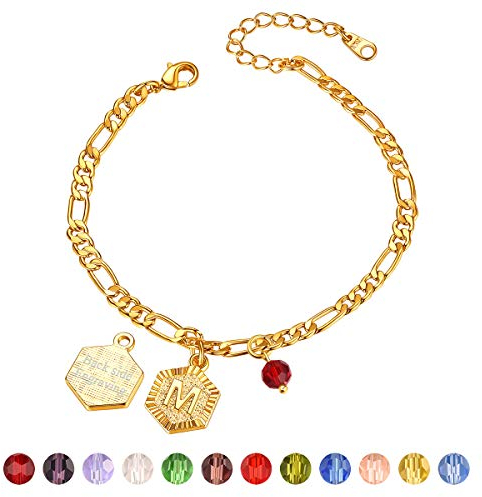 FOCALOOK Damen Buchstabe M Fußkettchen mit Geburtsstein 18k vergoldet personalisiert Initiale Hexagon Anhänger mit 22+5cm Figarokette Sommer Strand Armband Fuß Schmuck Accessoire