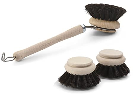 Novaliv 3 TLG Set 1x Spülbürste I 2X Ersatzkopf I Rosshaar I Holz I groß I Abwaschbürste Küchenbürste Geschirr Bürste Scheuerbürste Putzbürste Bürste Küche
