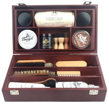 Hebold Schuhmacherei Boîte à cirage professionnelle avec 23 pièces - Avec boîte en bois - Gravure offerte