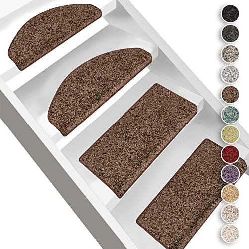 Floordirekt Hochflor-Stufenmatten Bali | Halbrund oder Eckig | Treppenmatten in 11 Farben | Strapazierfähig & pflegeleicht | Stufenteppich für Innen (Nougat, Halbrund 65 x 23,5 cm)