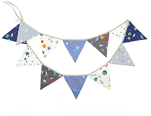 G2PLUS Weltraum Blau Stoff Wimpel Girlande, 3.3M Doppelseitig Stoffgirlande, Universum Raum Baumwolle Wimpelkette Junge, 12stk Stoff Wimpeln für Kinderzimmer Kindergeburtstagsfeier oder Draußen Party