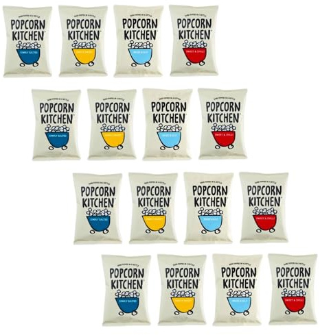 Popcorn Kitchen, Gourmet Popcorn, Mixed Snacking Discovery Box, Hand Popped in a Kettle, Suitable for Vegans. Snack Packs, 16x 30g