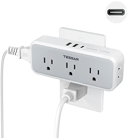 TESSAN Multi Plug Outlet Extender, USB C Wall Charger, Surge Protector,Grey