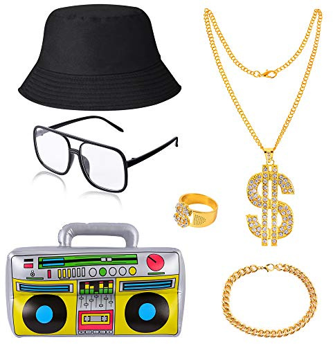 Peirich 80s/ 90s Hip Hop Costume Kit, 6 Pieces 80s/ 90s Rapper Accessories Hat, Sunglasses, Gold Chain, Bucket Hat, Boom Box, Gold Rapper Chain and Ring with Dollar Sign Pendant, Bracelet