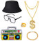 Peirich 80s/ 90s Hip Hop Costume Kit, 6 Pieces 80s/ 90s Rapper Accessories Hat, Sunglasses, Gold Chain, Bucket Hat, Boom Box, Gold Rapper Chain and Ring with Dollar Sign Pendant, Bracelet