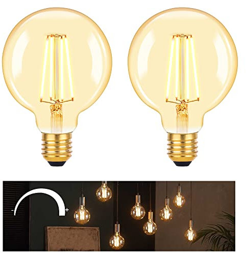 DSLebeen Dimmable E27 LED Vintage Light Bulbs 6W 600lm, G95 Edison Screw GLS Large Bulbs Decorative Filament Bulbs Amber Globe Glass Warm White Lighting 2700K 2-Pack