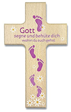 Uljö Kinderkreuz Holzkreuz ''Gott segne und behüte dich'' Füße blau (pink), 9x15 cm