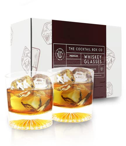 The Cocktail Box Co. Double-Wall Whiskey Glass Set - Weighted Crystal Whiskey Glass - Flower-Detail for Old Fashioned - Versatile Bourbon & Cocktail Barware - Pack of 2