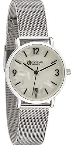 Miraval Moderne Design Damenarmbanduhr mit Datumsanzeige 33 mm Breites Edelstahlarmband 16 mm Quarzuhr Japanisches Quarzuhrwerk Großes Zifferblatt Damenuhr Frauen Extra Dünn
