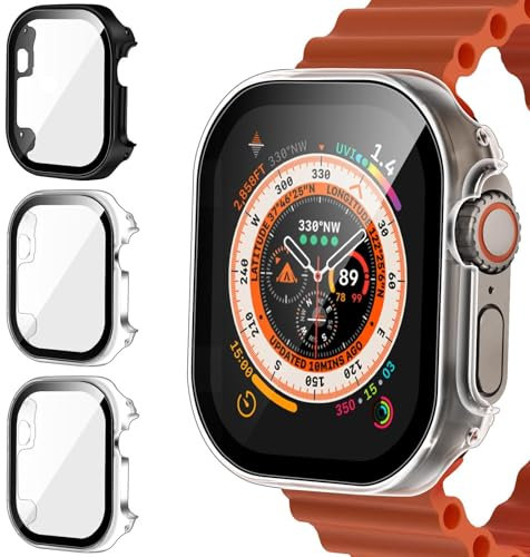 iVoler 3 Piezas Funda para Apple Watch Ultra 2 / Apple Watch Ultra 49mm, Protección Completa Protector de Pantalla de Cristal Vidrio Templado Antigolpes Anti-arañazos Carcasa, 2 Transparente + 1 Negro