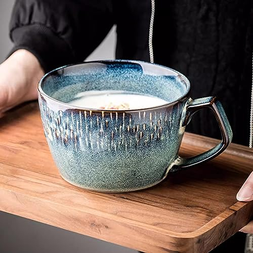 Cteahrow Große Suppenschüssel mit Griff, 700 ml Kaffeebecher, Müsli-Frühstückstasse, geeignet für Milchdesserts, Haferflocken, mikrowellengeeignet (Himmelblau), Keramik