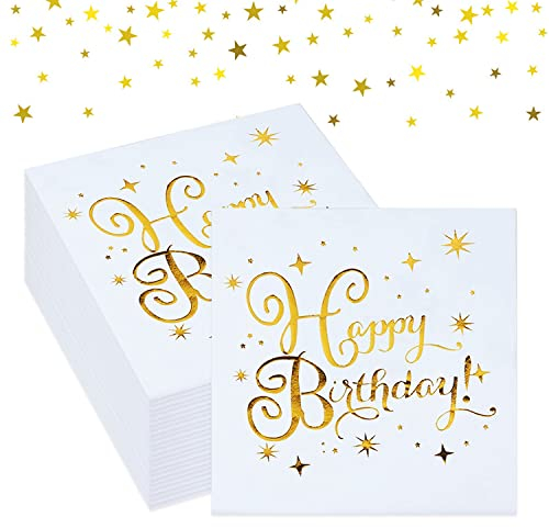 30 Stück Happy Birthday Servietten, Weiß Gold Papier Napkins, Servietten Geburtstag, Tisch Deko für Party Deko, Mädchen Frau Kidders Geburtstag