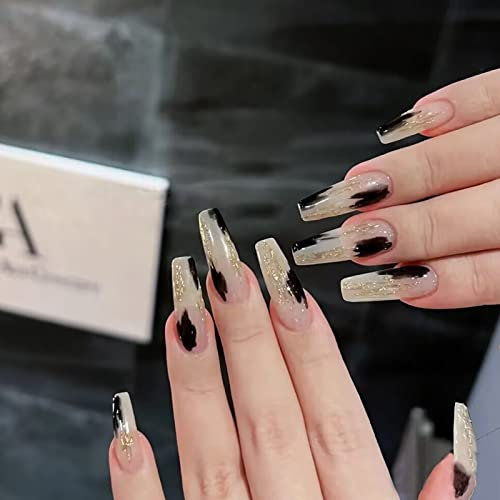 AKOFIC 24 Pièces Faux Ongles Français, Moyens Cercueil Faux Ongles avec Colle à Ongles, Press On Nails Ballerine Faux Ongles à Coller Nail Art pour Femme et Fille (Paillettes d'or Noir)