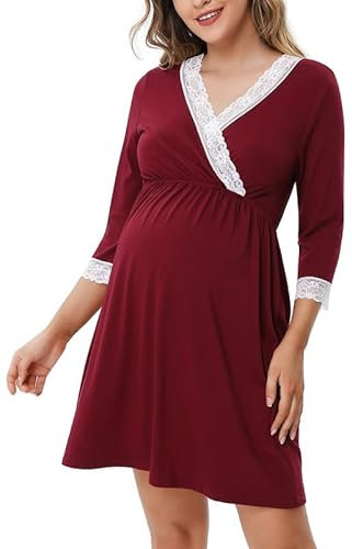 Clearlove Chemise de nuit d'allaitement pour femme avec fonction d'allaitement, robe de maternité, chemises de nuit pour femmes enceintes, Bordeaux, XL