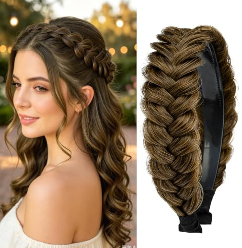 TOECWEGR Hairband Braided Hairpiece Messy Wide 2 Strands Fluffy Braids Wig with Tooth Women Headband Hair Bands