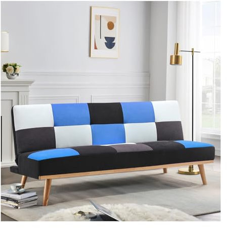 INMOZATA 3 Seater Sofa Bed 180cm Patchwork Fabric Sofa Couch Click Clack Bed Settee Convertible sofabed with Wood Legs for Living Room Bedroom,180cm x 84cm x 82cm (Blue)