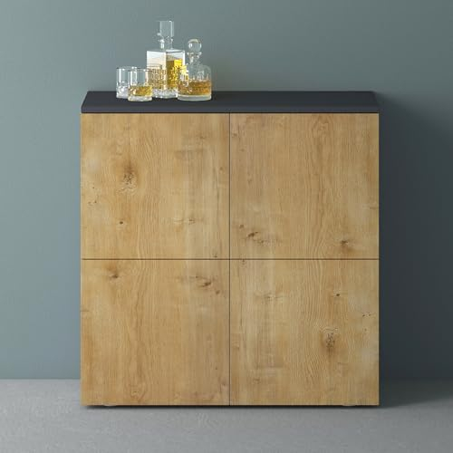 Mai & Mai Möbel Kommode Aufbewahrungsschrank mit 4 Türen in Anthrazit matt + Kerneiche Sideboard Schrank Mehrzweckschrank BTH: 76x36,4x74 cm Schrank04