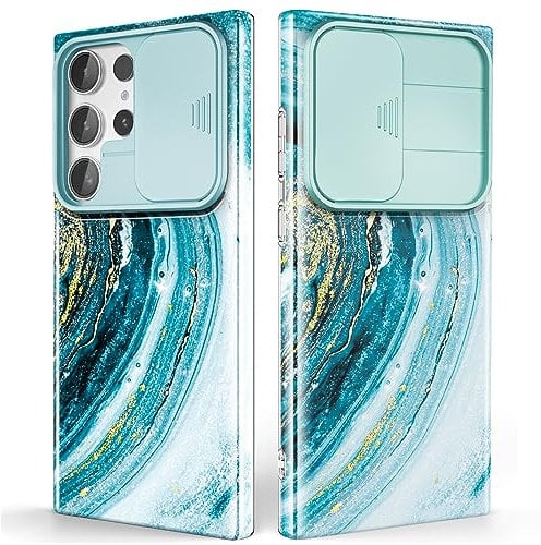 SHEDEER for Samsung S23 Ultra Case with Slide Camera Cover, Samsung Galaxy S23 Ultra Case Slim Fit Shockproof, Glossy Fade-Resistant Pattern Design Phone Cover (Blue)