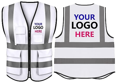 TopTie Custom Add Your Logo Weiße Sicherheitsweste mit 5 Taschen und gut sichtbaren 2-Reflexstreifen