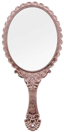 Tibapla Miroir à Main avec Poignée Vintage, Miroir Ovale Or Rose, Miroir de Maquillage Portable, Miroir à Main en Plastique avec Poignée pour Coiffure, Maquillage, Maison, Voyage