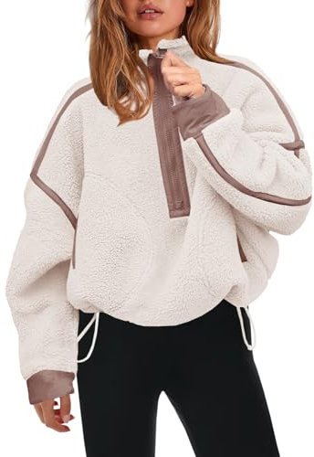Panadila Damen-Pullover mit halbem Reißverschluss, Sherpa-Fleece, weich, übergroß, Sweatshirt mit Taschen, warm, flauschiger Pullover, Beige, L