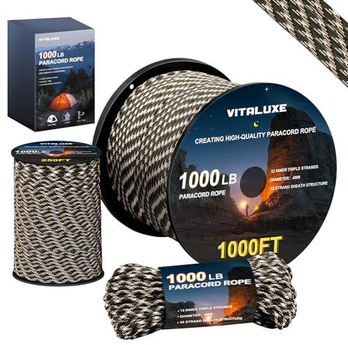 VITALUXE 1000Ib Paracord Rope, Tactical Parachute Cord with 12 Triple Strands, Heavy Duty Survival Gear for Camping, Hiking, Ideal for Bracelets, Lanyards, Diameter: 4MM, 250FT, Forest Camo