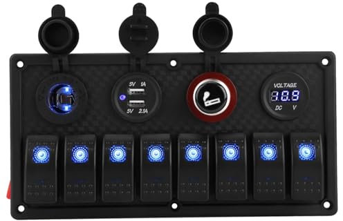8 Gang Toggle Switch 12V 24V Rocker Switch Panel with LED Light and Flip Cover ON/Off Switch Plate USB Voltmeter Cigarette Lighter Universal for All 12V-24V Vehicle, Yacht, Ship, Caravan