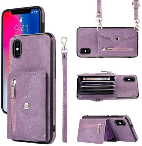 Asuwish Handyhülle für iPhone XS/X Hülle mit Band Kartenfach Klappbar Geldbörse Ständer Handyhüllen Cover Leder Kette iPhone10Hülle i 10 10s 10x 10xs Handy Hüllen Schutzhülle Damen Phone Case Lila