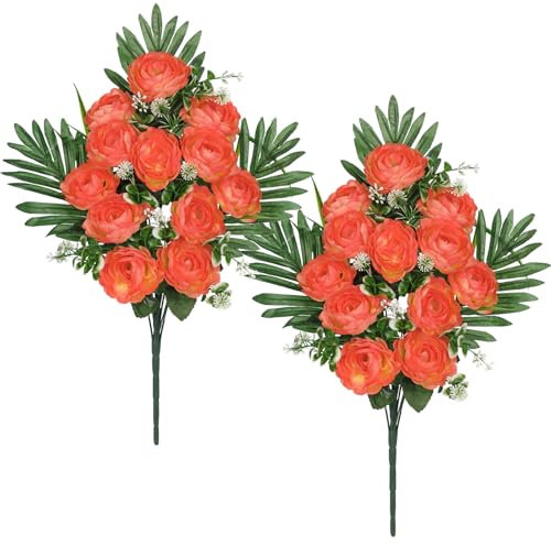 Arborus 2 Stück Künstliche Friedhofsblumen 55 cm Künstliche Grab Kamelien Blumensträuße für Friedhof Rot Kunstblumen Blumenarrangement Grabgesteck Grabschmuck Friedhof Deko