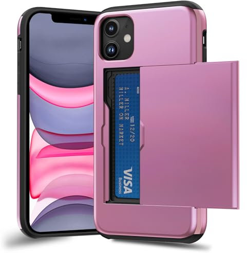 ACOCOBUY for iPhone 11 Case with Card Holder Sliding Cover Hidden Pocket IDs Credit Cards Slot Heavy Duty Shockproof Protective Dual Layer Wallet Phone Cover Back Shell for Men Women 6.1 inch pink