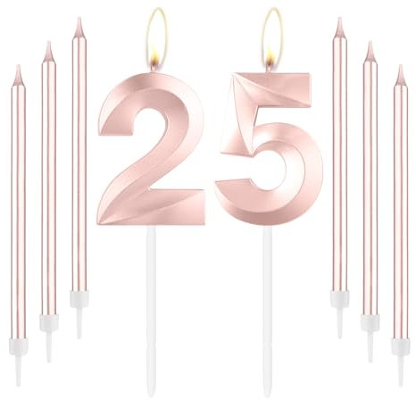 mciskin Rose Gold 25 Birthday Candles-Number 25 Candle for Cake with Long Thin Candles Set, Rose Gold Cake Topper for Girl 25th Birthday Decorations Supplies,25th Wedding Anniversary Decorations