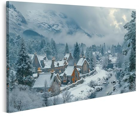 islandburner Schöne Winterlandschaft mit verschneiten Häusern in einem schottischen Dorf - Leinwand 100x57cm