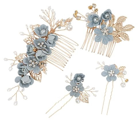 4er Pack Blattgold Haarkamm mit Blumen und Strass - Braut Haarschmuck für Hochzeit, Haarspangen und Brautschmuck