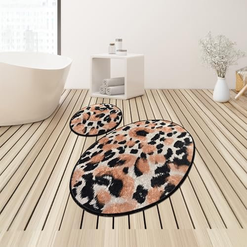 Bosdela Wood Ovales 2-Teiliges Badezimmerteppich-Set, Rutschfester WC-Vorleger & Badezimmerteppich, Wasserabsorbierend, Anti-Rutsch, 60x100 cm Leopard Oval Design