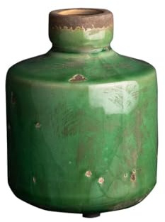Vase Bouteille en Poterie Émaillée Craquelée, Effet Ancien, Vert, 14 cm de Haut, 11 cm de Diamètre (Vert Olive)
