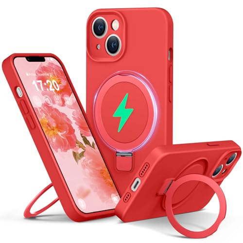 PuyaTeya Silicone Hülle für iPhone 13 mit Magnet ständ,Rot | Upgraded Kameraschutz Mil-Grade Drop Shockproof Anti-Scratch Microfiber Lining Silikon hülle
